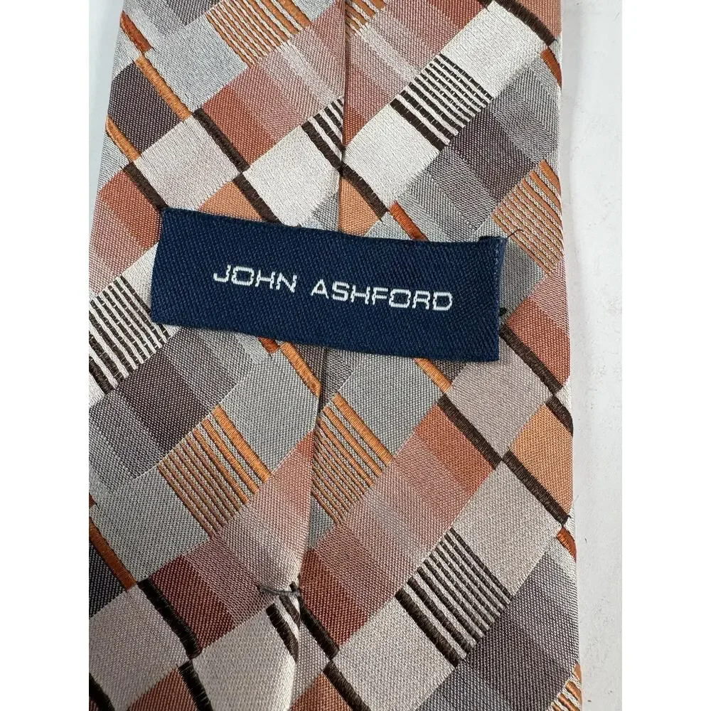 John Ashford Silk Blend Geometric Plaid Neck Tie Tan Gray Brown Stain Resistant